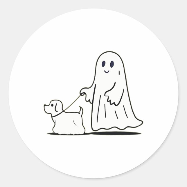 Ghost Walking Dog Ghostie Funny Halloween Dog Love Classic Round Sticker (Front)