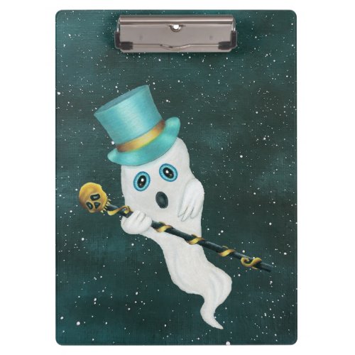 Ghost Wearing Top Hat With blue Eyes Skull Cane Clipboard