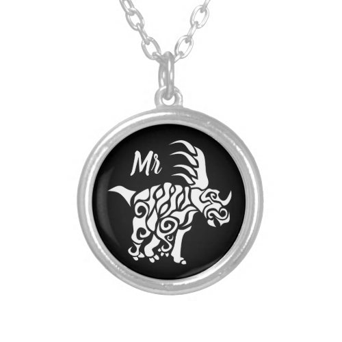 Ghost White Styracosaurus  with Tribal War Paint Silver Plated Necklace