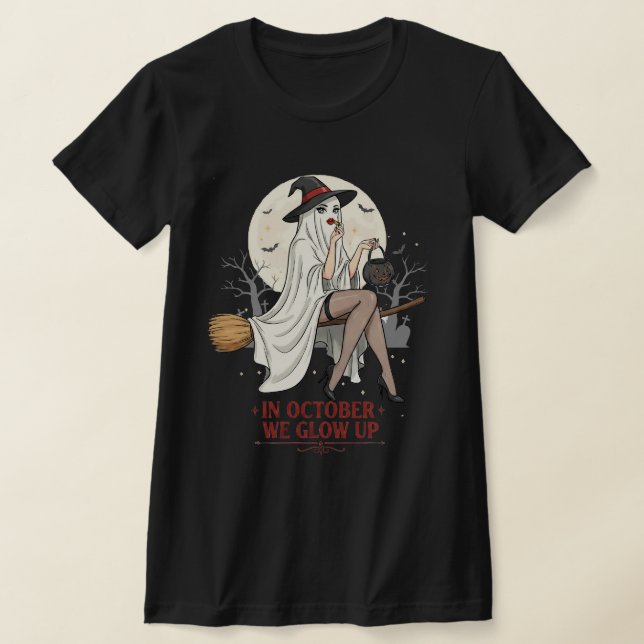 Ghost Witch Broom Ride – Halloween  T-Shirt (Laydown)