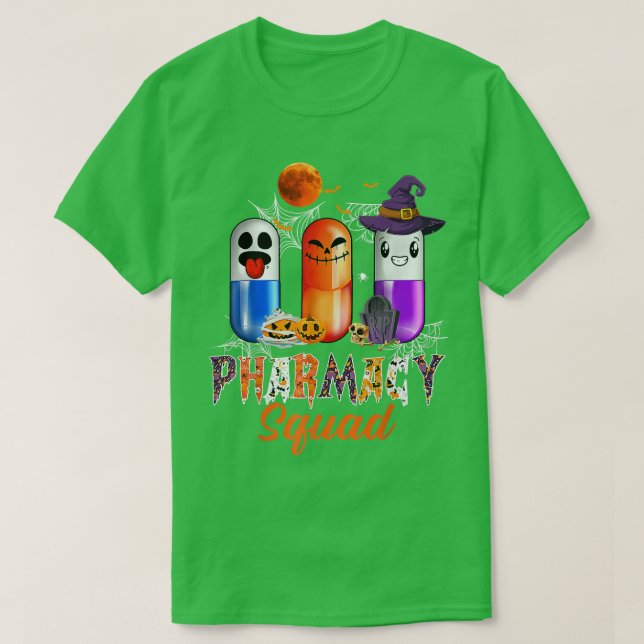 Ghost Witch Pumpkin Pills Pharmacy Squad Halloween T-Shirt (Design Front)