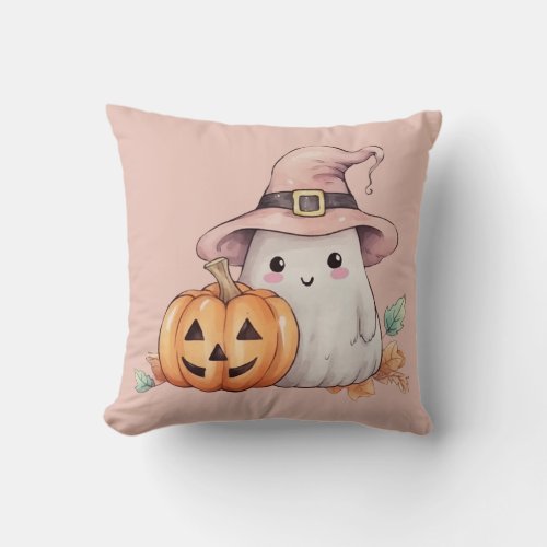Ghost Witches Hat Pumpkin Light Pink Halloween Throw Pillow