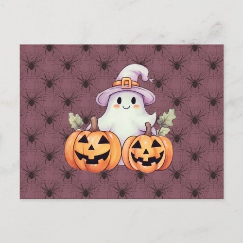 Ghost Witches Hat Pumpkins Spiders Halloween Holiday Postcard