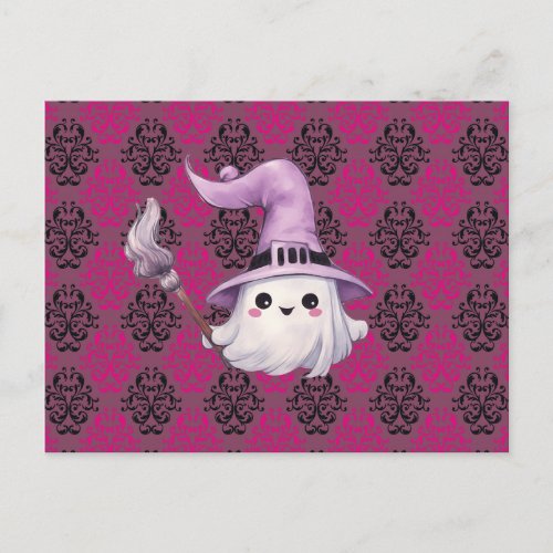 Ghost Witchs Hat Broom Pink Purple Halloween Holiday Postcard