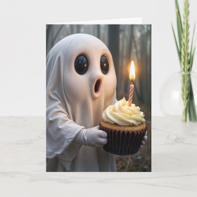 Ghost With a Birthday Cupcake Card (Front)