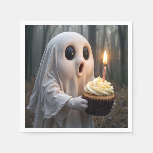 Ghost With a Birthday Cupcake Napkins (Front)