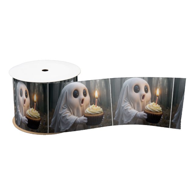 Ghost With a Birthday Cupcake Satin Ribbon (Spool)