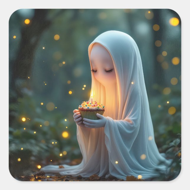 Ghost With a Birthday Cupcake Square Sticker (Front)