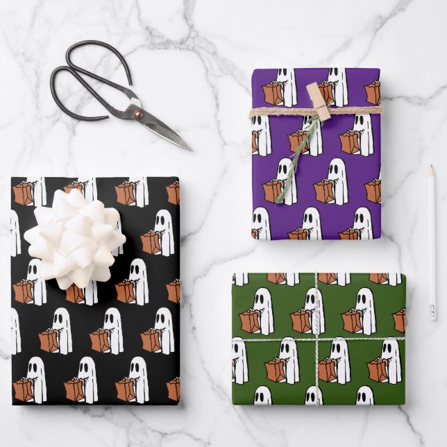 Ghost with Bag Trick or Treating Wrapping Paper Sheets (Front)