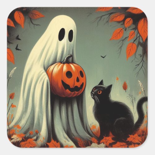 Ghost with Black Cat Retro Halloween  Square Sticker