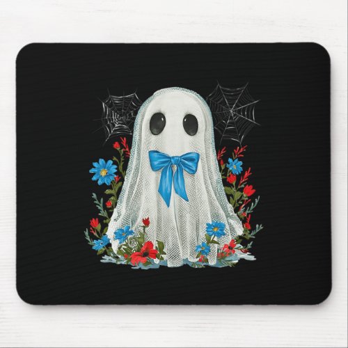 Ghost With Blue Bow Coquette And Flowers Halloween Mouse Pad