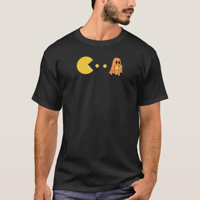 Ghost with book Halloween gamer 1980s nostalgia T-Shirt (Front)