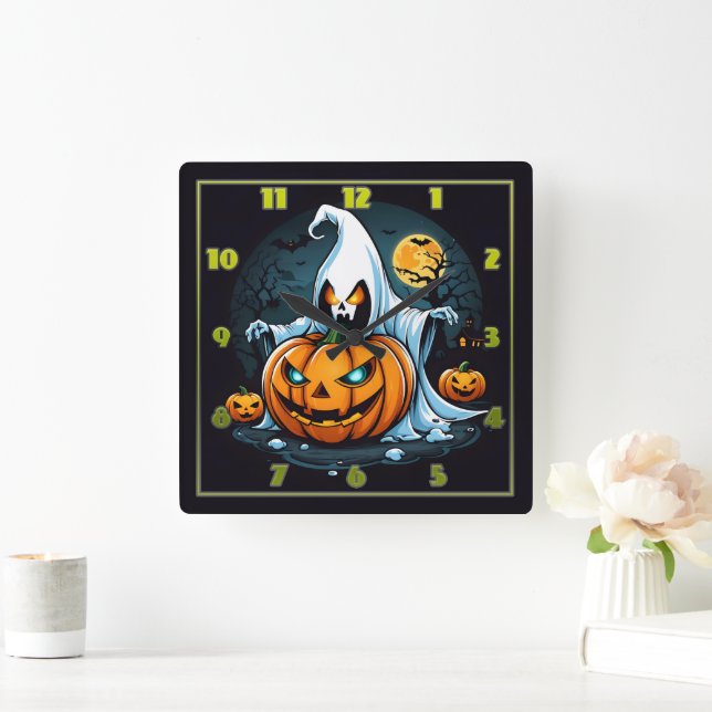 Ghost with glowing pumpkins on Halloween Square Wall Clock (Home)