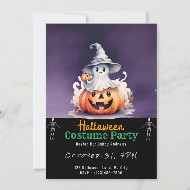 Ghost with Gray Witches Hat Black Halloween Invitation (Front)