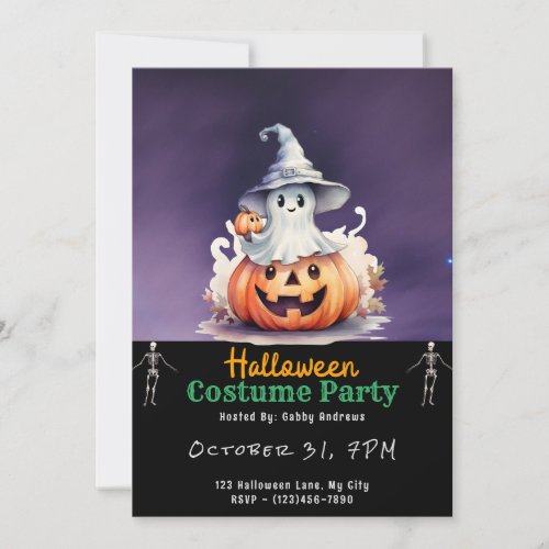 Ghost with Gray Witches Hat Black Halloween Invitation