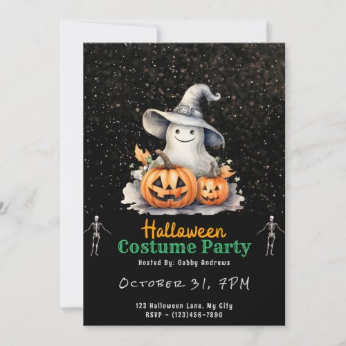 Ghost with Gray Witches Hat Black Halloween Invitation