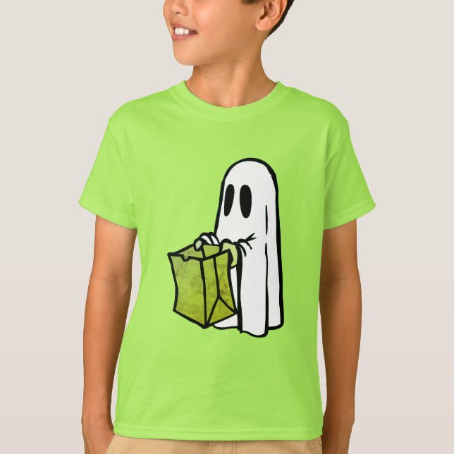Ghost with Green Bag Trick or Treating  T-Shirt (Front)