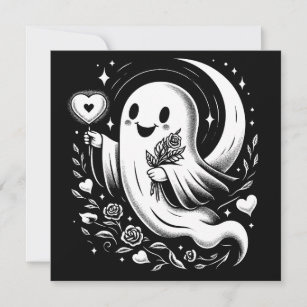 Ghost with Heart and Roses Cute Spooky Valentine Card