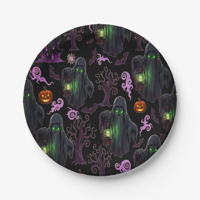 Ghost with Lantern and Green Eyes Paper Plates (Front)