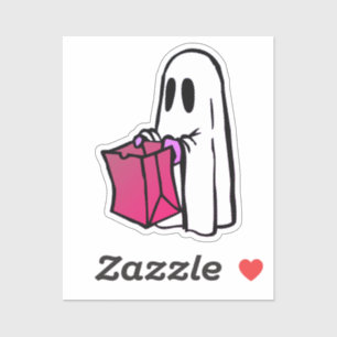 Ghost with Pink Bag Trick or Treating Halloween Sticker