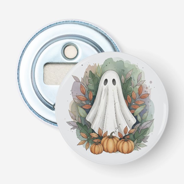 Ghost with Pumpkins and Autumn Leaves Bottle Opener (Front)