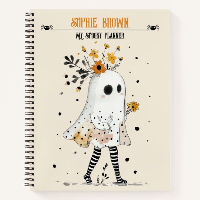 Ghost with Sunflowers& Name Whimsical Halloween  Notebook (Front)