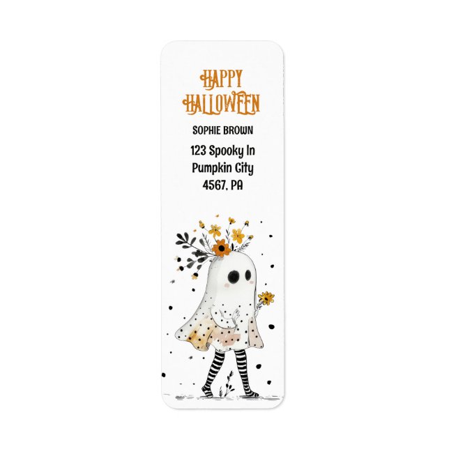Ghost with Sunflowers Whimsical Halloween Address Label (Front)