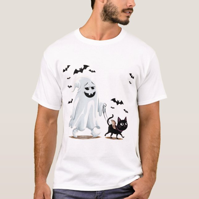 ghost with walking dog halloween T-Shirt (Front)
