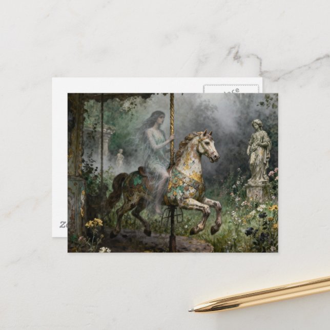 Ghost Woman on Abandoned Carousel in Garden Postcard (Front/Back In Situ)
