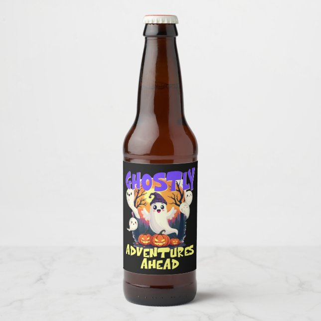 Ghostly Adventures Ahead, Cute Halloween Party Beer Bottle Label (Front)