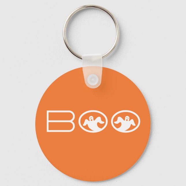 Ghostly Boo Halloween Keychain, Orange and White Keychain (Front)