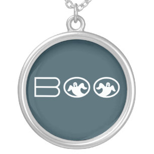 Ghostly Boo Halloween Necklace, Blue and White Silver Plated Necklace