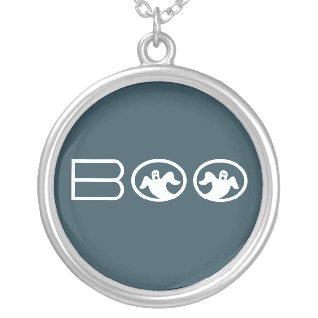 Ghostly Boo Halloween Necklace, Blue and White Silver Plated Necklace (Front)