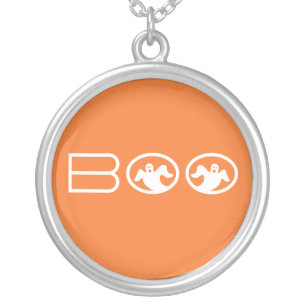 Ghostly Boo Halloween Necklace, Orange and White Silver Plated Necklace