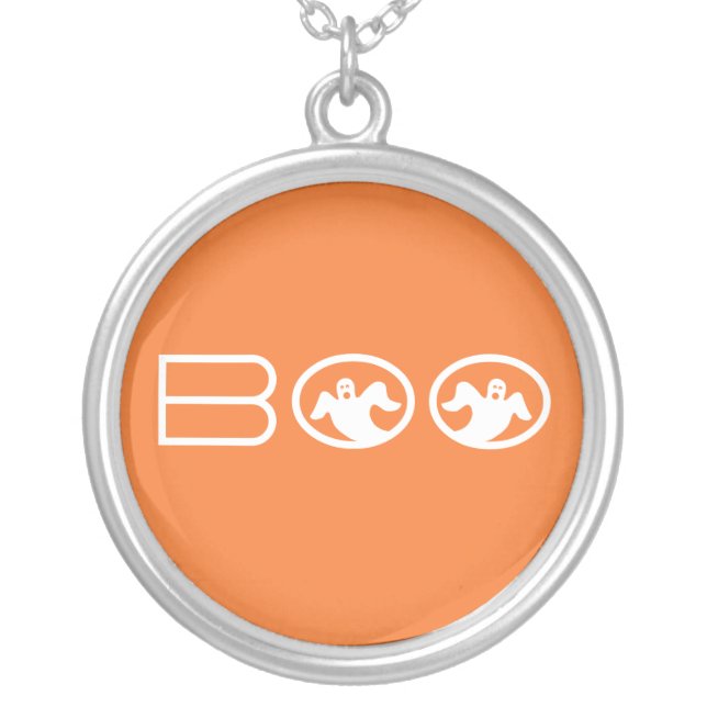 Ghostly Boo Halloween Necklace, Orange and White Silver Plated Necklace (Front)