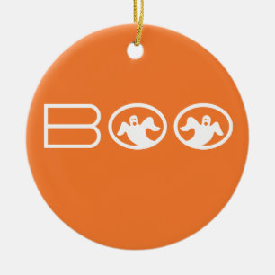 Ghostly Boo Halloween Ornament, Orange and White Ceramic Ornament