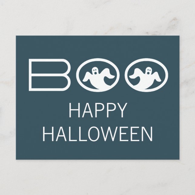 Ghostly Boo Halloween Postcard, Blue and White Postcard (Front)
