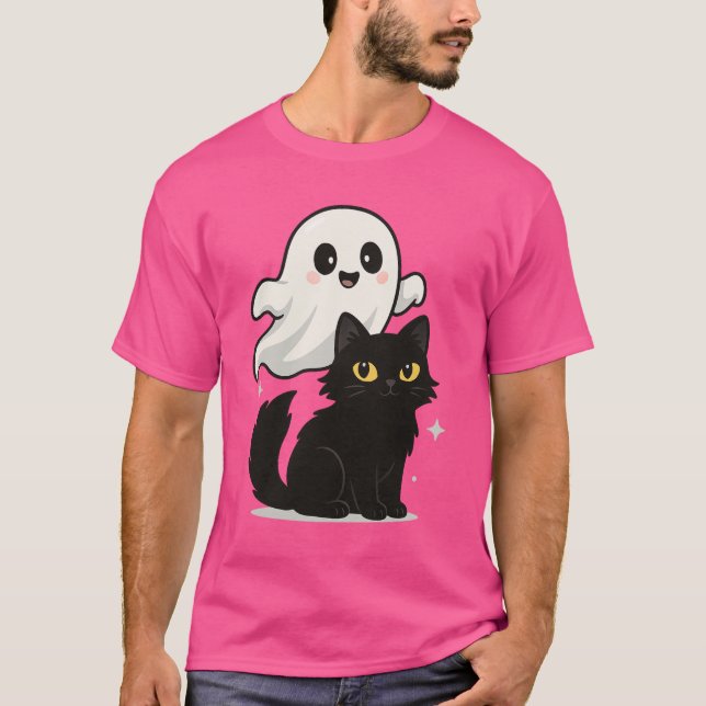Ghostly Cat Vibes – Spooky Cute T-Shirt (Front)