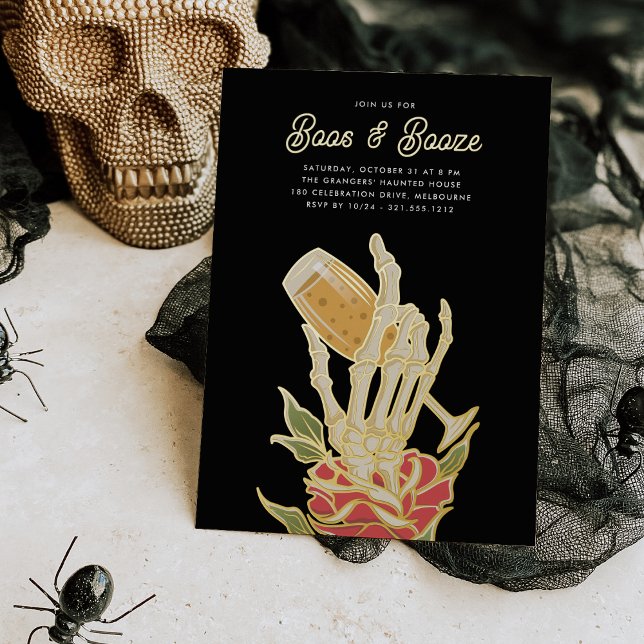 Ghostly Champagne "Boos & Booze" Halloween Party Foil Invitation (Creator Uploaded)