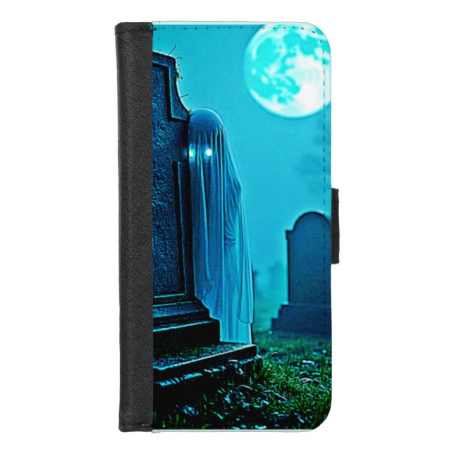 Ghostly Figure in a Graveyard Design iPhone Wallet Case (Front)