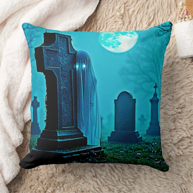 Ghostly Figure in a Graveyard Design Throw Pillow (Blanket)