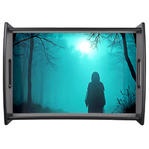 Ghostly Figure in Haunted Woods Design Serving Tray