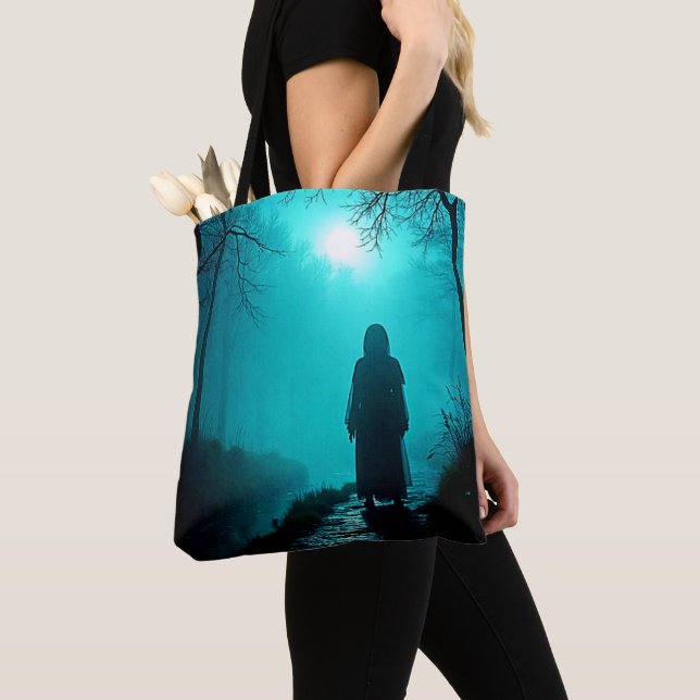 Ghostly Figure in Haunted Woods Design Tote Bag (Close Up)