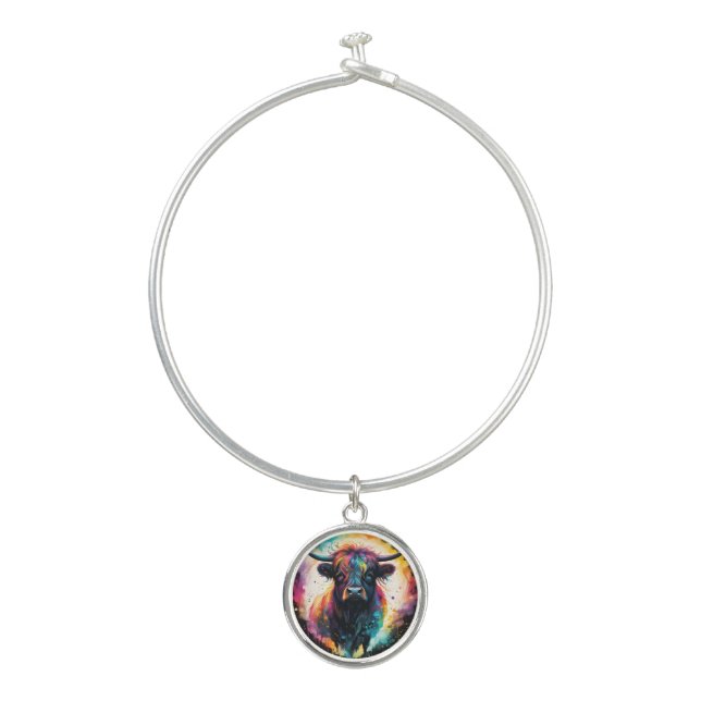 Ghostly Grace: Spectral Holographic Highland Cow, Bangle Bracelet (Front)