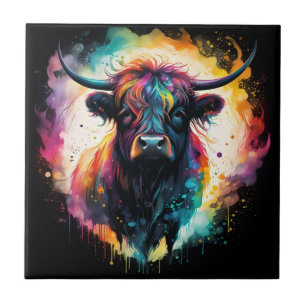 Ghostly Grace: Spectral Holographic Highland Cow, Ceramic Tile