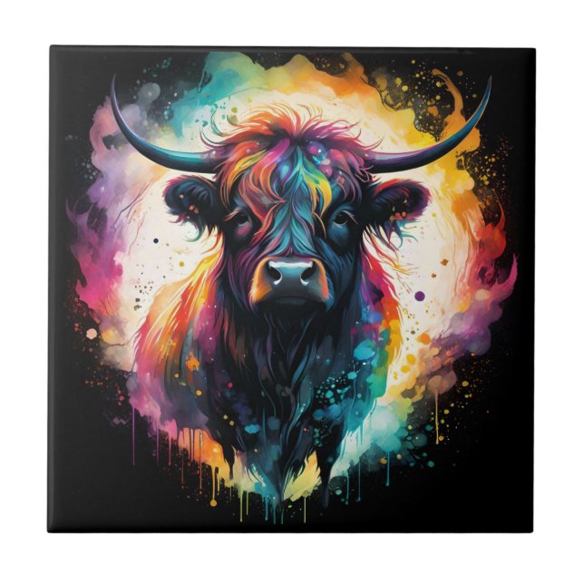 Ghostly Grace: Spectral Holographic Highland Cow, Ceramic Tile (Front)