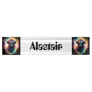 Ghostly Grace: Spectral Holographic Highland Cow, Desk Name Plate