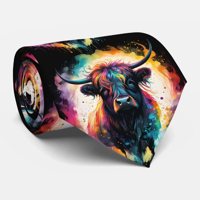 Ghostly Grace: Spectral Holographic Highland Cow, Neck Tie (Rolled)