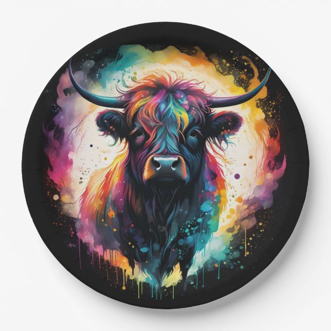 Ghostly Grace: Spectral Holographic Highland Cow, Paper Plates (Front)