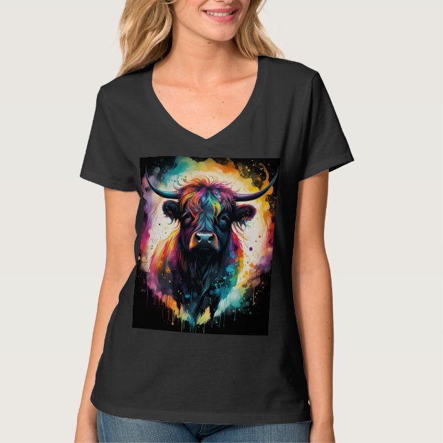 Ghostly Grace: Spectral Holographic Highland Cow, T-Shirt (Front)